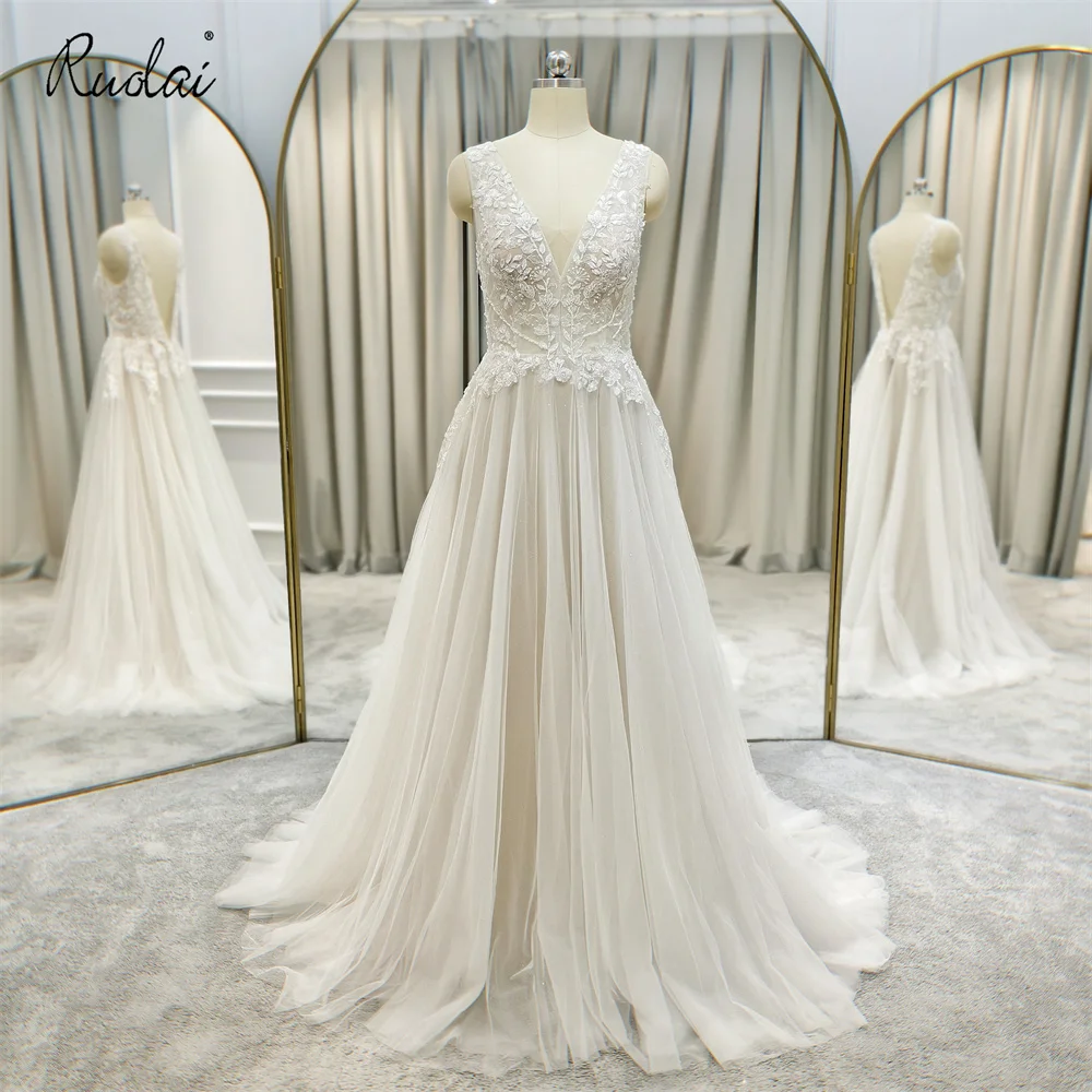 

Ruolai QW01077 Simple Sleeveless Open Back A-line Lace Sweep Train Glitter Tulle Bridal Gowns Wedding Dresses, Custom made