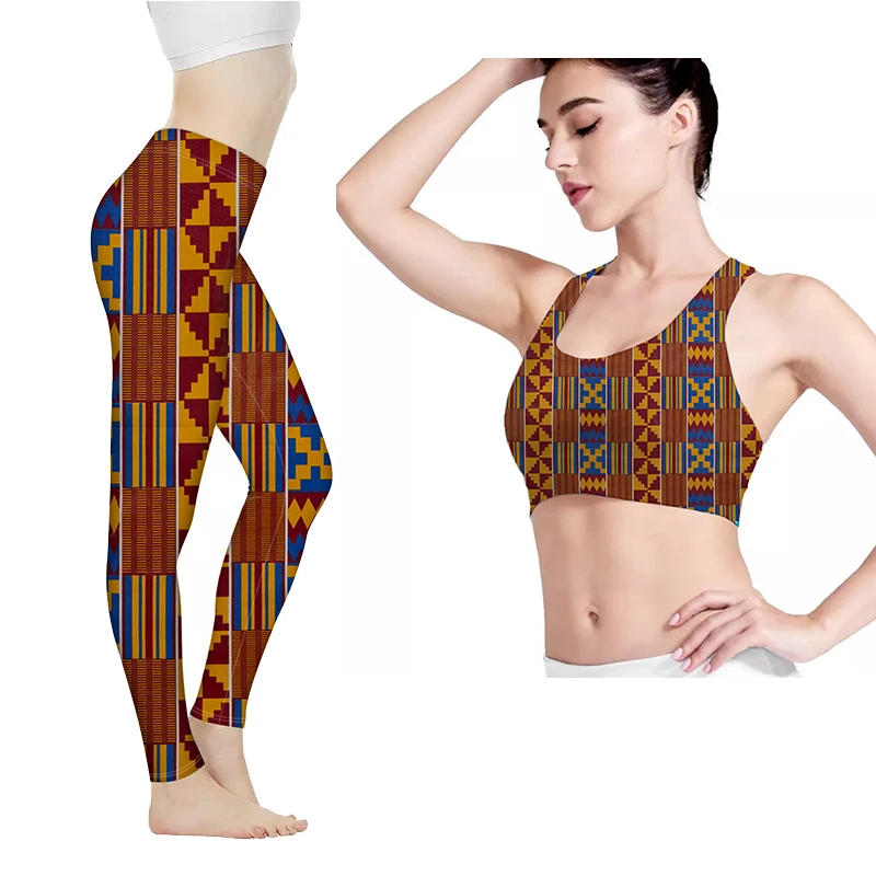 

2021 African Tribal Triangle Print Comfort Women Active Wear Sets Custom Gym Clothes High Waist Stretch Yoga Pants With Pockets, Customized color/size/pattern