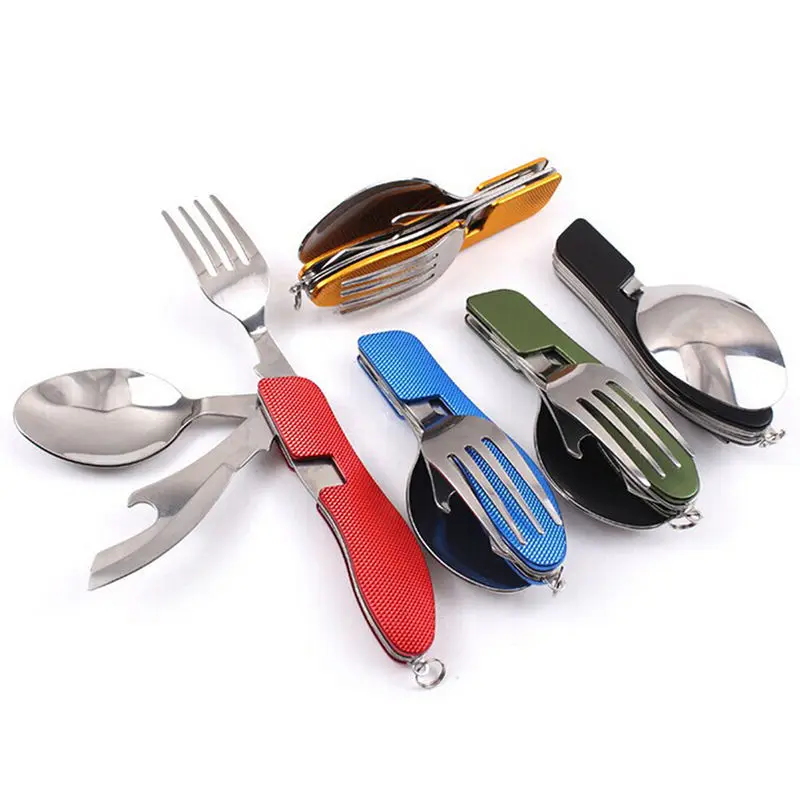 

4 in 1 Multi-Function Detachable Folding Cutlery Set Stainless Steel Spoon Fork and Knife Opener Outdoor Camping Tableware Set