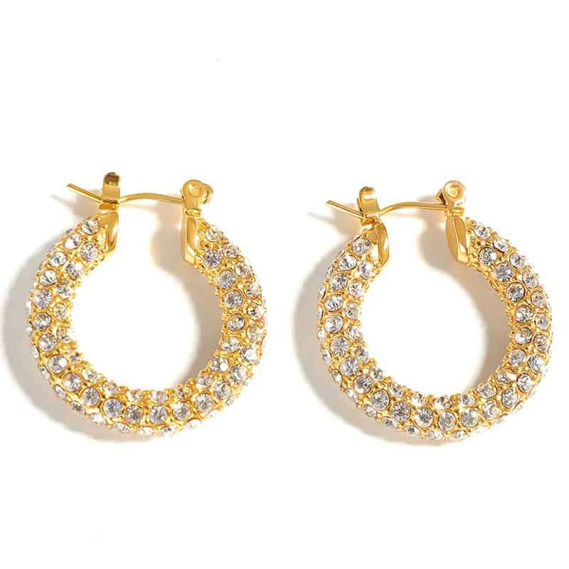 

Wholesale Women Fashion Non Tarnish Free Waterproof Jewelry Stainless Steel 18K Gold Plated Micro Inlaid Diamond Hoop Earrings