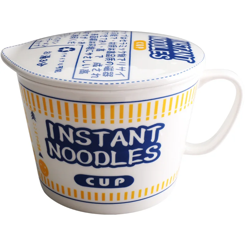 

Japanese home beef oatmeal noodles bowl cup instant ramen bowl instant ceramic noodle mug with lid, White