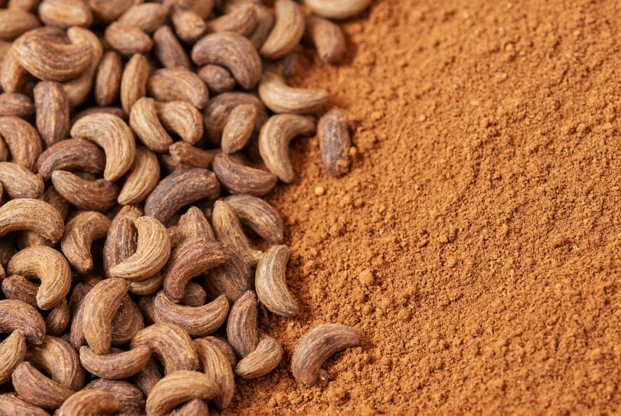 Close-up view of cumin seeds next to ground cumin powder showing their distinctive crescent shape and brown color