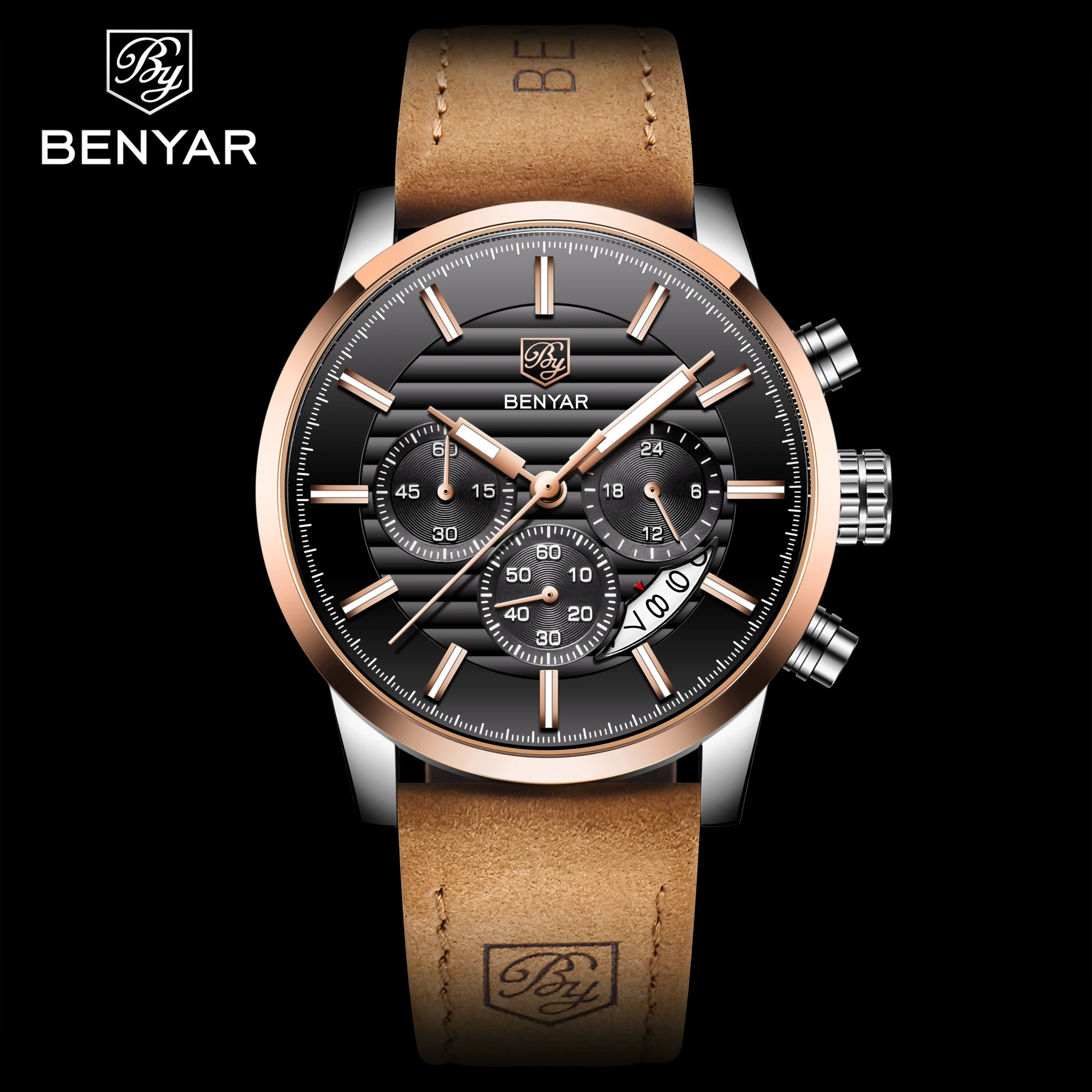 

Benyar 5104 quartz watches men wrist oem mens luxury chronograph leather strap watches for men