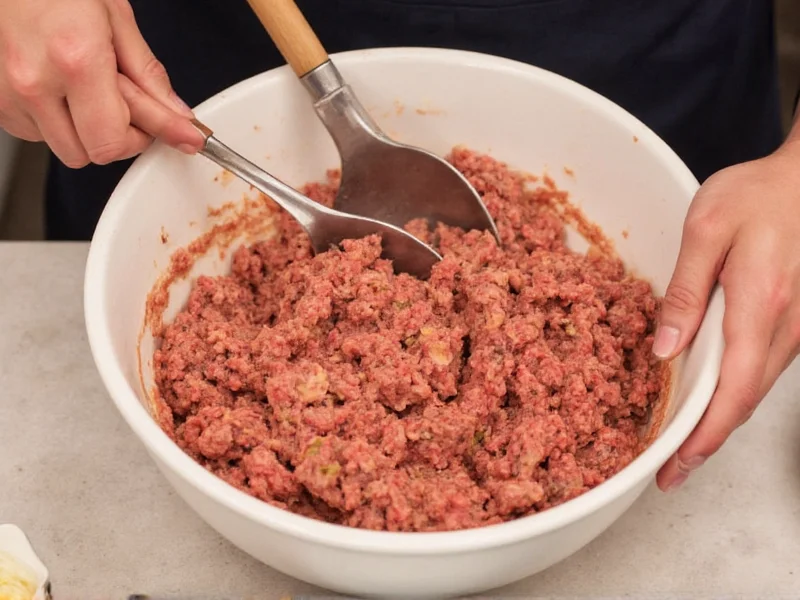 Hands mixing meatloaf ingredients in large bowl