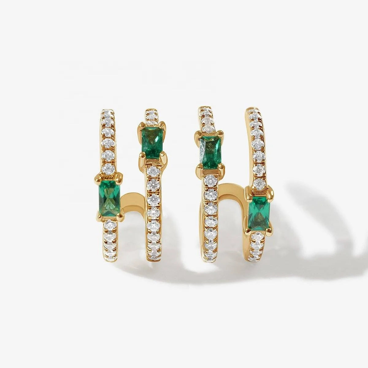 

LOZRUNVE Gold Jewelry Emerald Crystal Baguette Cubic Zirconia Double Huggie Hoop Earring Sterling Silver 925