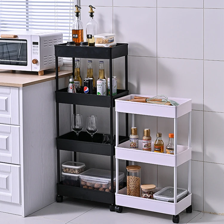 

Household Bathroom palstic multilayer kitchen corner shelf organiser cart storage shelves trolley kitchen shelf with wheel, Black, white