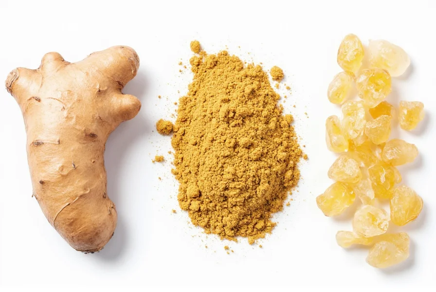Various forms of ginger: fresh root, dried powder, and crystallized pieces arranged for comparison