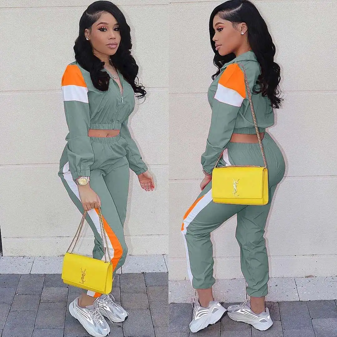 

New Arrivals 2021 Clothing Women Color Block Two Piece Outfits Tracksuit Sports Joggers Windbreaker Jacket Women 2 Piece Sets