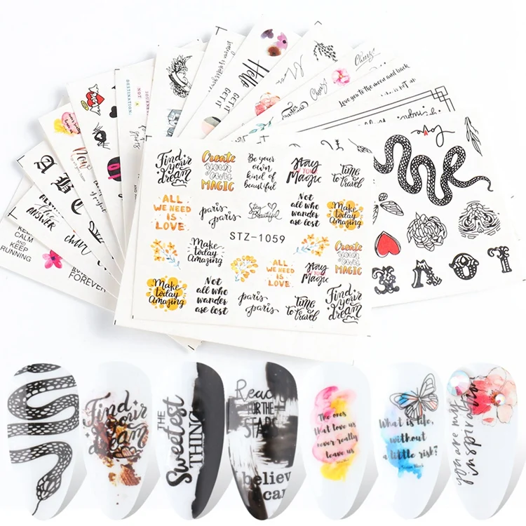 

2020 Hot Sale Letter Skull Snake Nails Stickers 4pcs Transfer Water Paper Charms Designs Gel Sticker Water Decals Nail Art Tips, Colorful