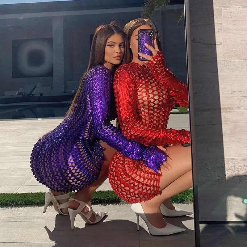 

Sexy See Through Bodycon Club Dress Hollow Out Long Sleeves 2021 New Arrivals Evening Club Wear Outfits