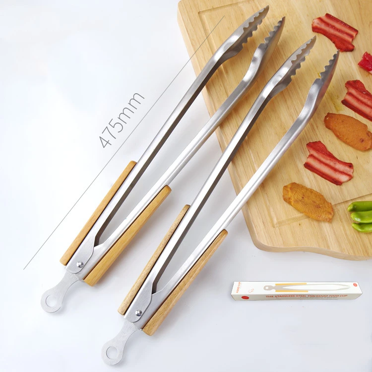 

High Quality Stainless Steel  Barbecue Grill Accessories Tong With Wood Long Handle Kitchen Tool Food Tongs For BBQ Cooking