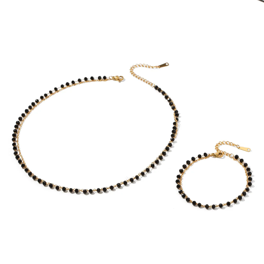 

Fashion Stainless Steel Black Beads Glass Stone Double Layer Black Beads Chain Necklace Bracelet