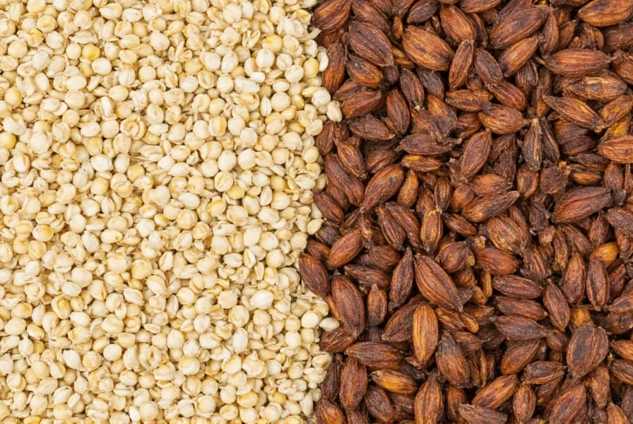 Close-up comparison of fennel seeds next to anise seeds showing size and color differences