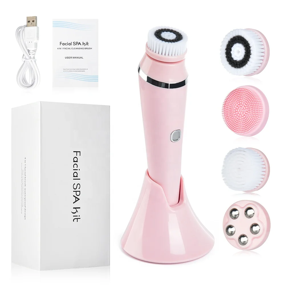 

Dropshipping 4 In 1 Sonic Face Beauty Machine Exfoliating Spa Kit Facial Skin Cleansing Brush With Base, Blue / pink