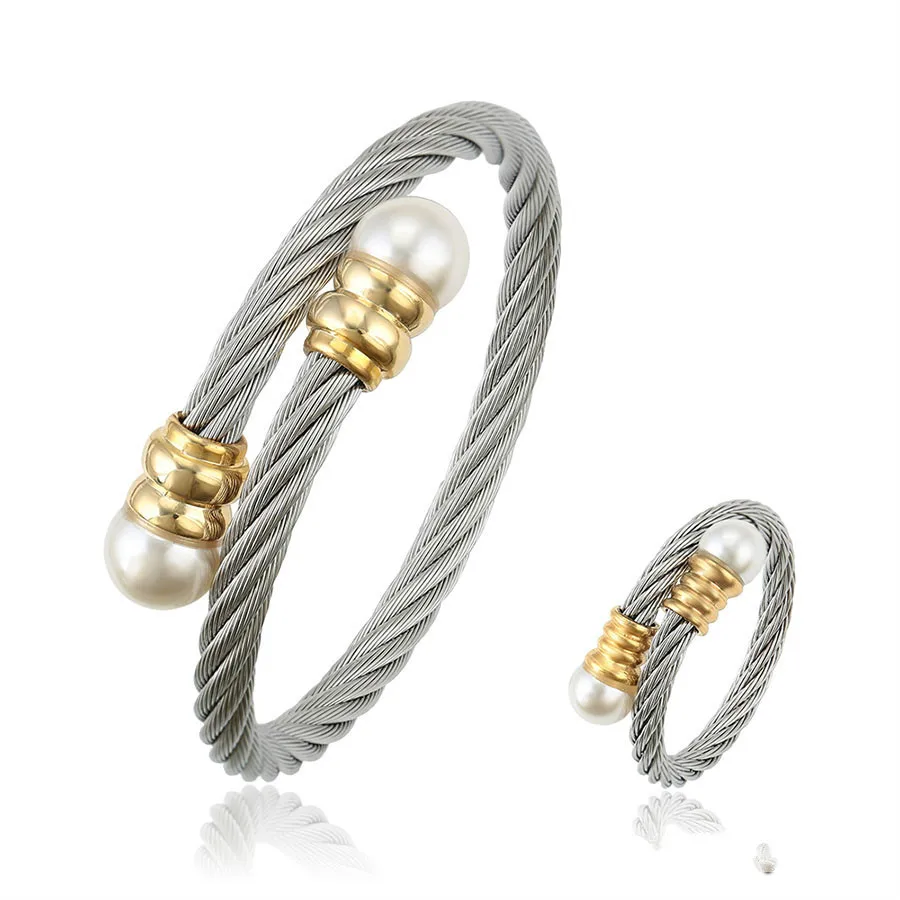 

S-219 Xuping Jewelry Fashion, Elegance and Classic Character Design Stainless Steel Pearl Bracelet Ring 2 Piece Set