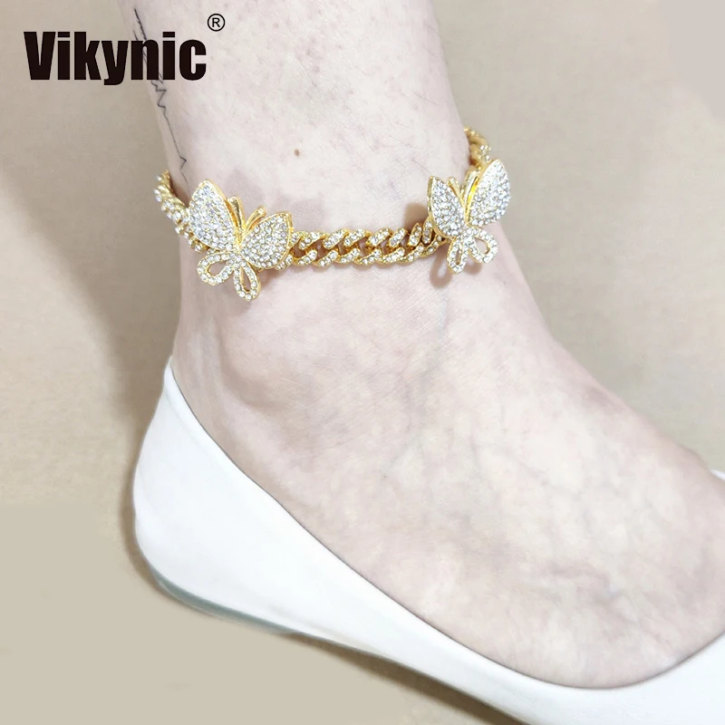 

Hip Hop Gold Plated Diamond Chain Two Butterfly Cuban Link Chain Cubic Zircon Iced Out Chain Cuban Link Anklet