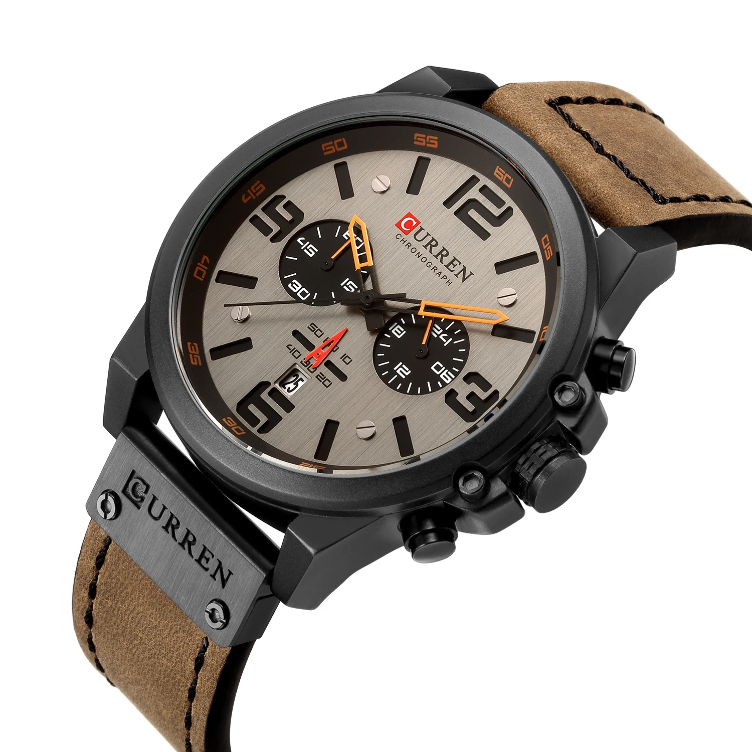

CURREN Relogio Masculino Mens Watches Waterproof Sport Wrist Watch Chronograph Quartz Genuine Leather Watch, As pictures
