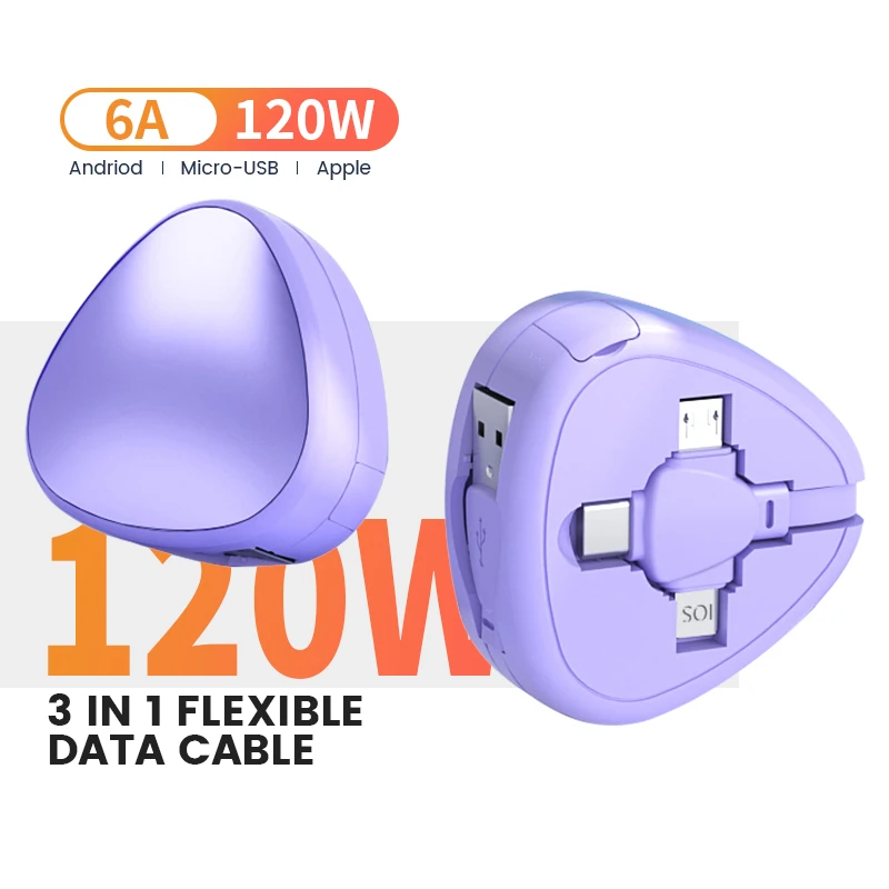 

120W 4 In 1 Retractable IOS Type C micro Cable Retractable 3 In 1 Usb Type C Charging Cable With Phone Stand