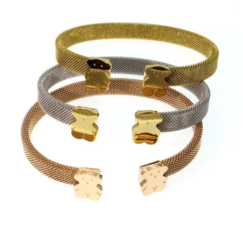 

Jewelry Joyeria Gift Mesh Wholesale price Fashion Women Stainless Steel Trendy Teddy Bear Bangle Bracelet, Silver