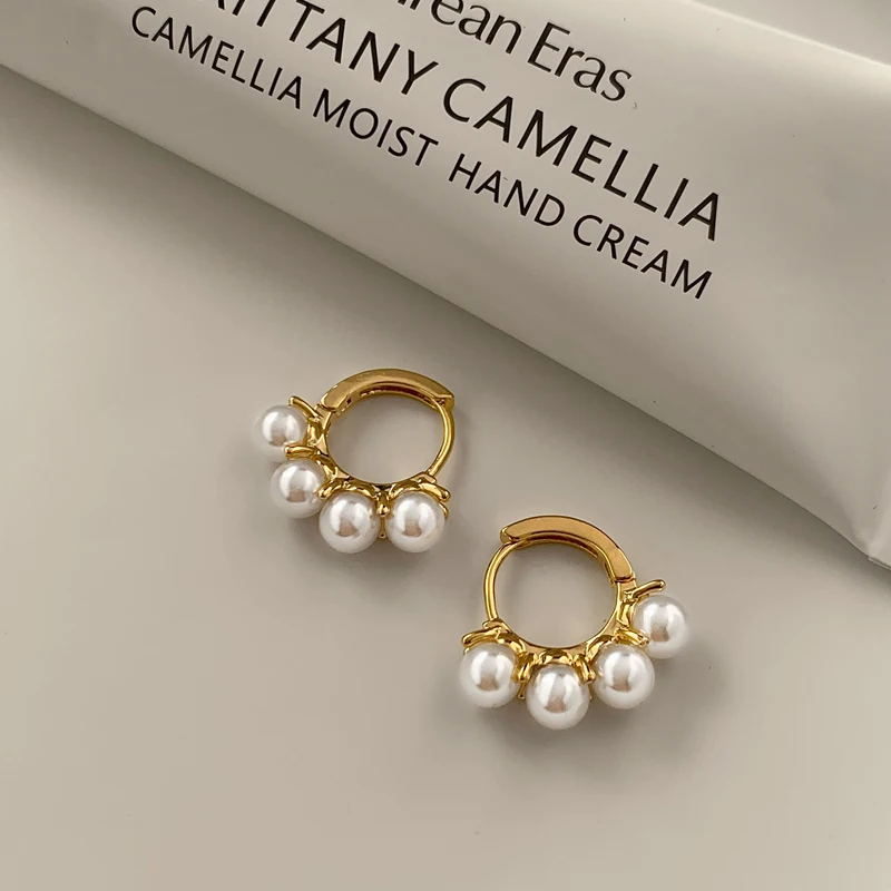 

Vershal A-350 Korean Design 18k Gold Plated Chic Pearl Beads Hoop Earrings Jewelry For Women