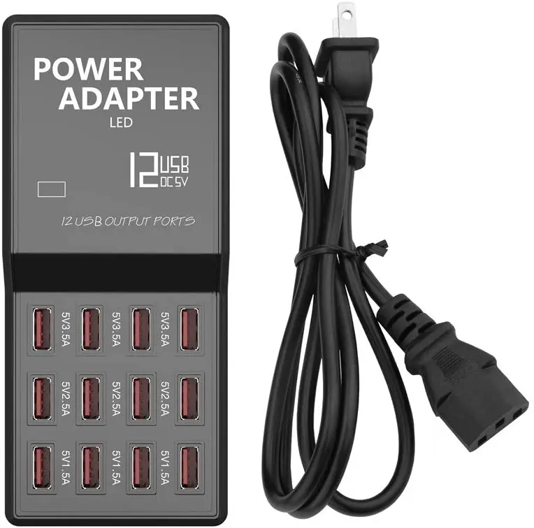 

Multi port USB charger 12 Port USB charger fast charger with 5V 1.5A plug adapter from UK, USA and Europe, Black