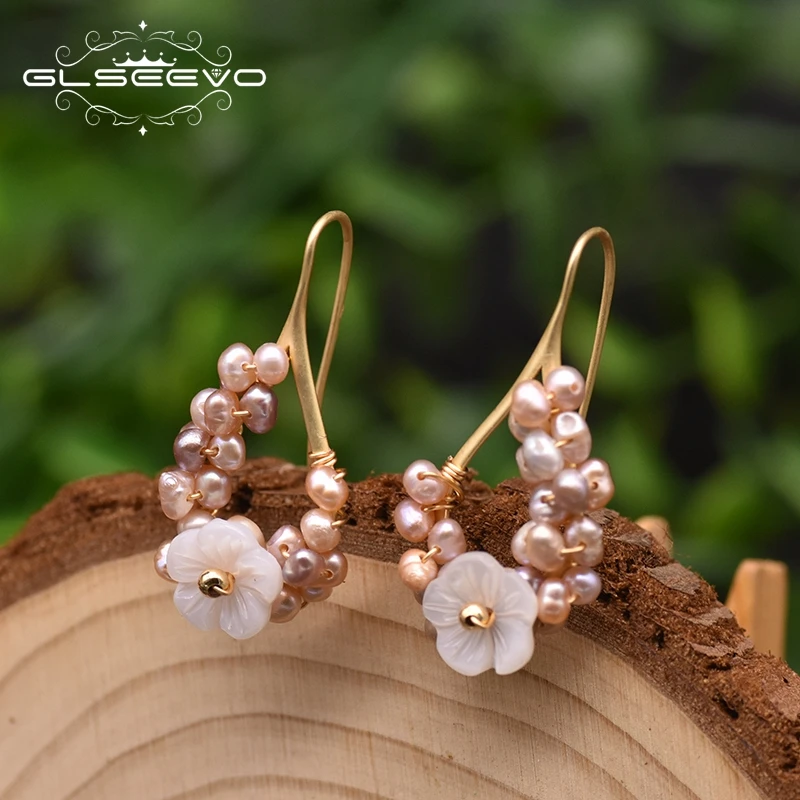 

Natural Purple Small Pearl Drop Earrings For Women Luxury Jewelry Fashion Flower Shape Handmade Korean Earrings