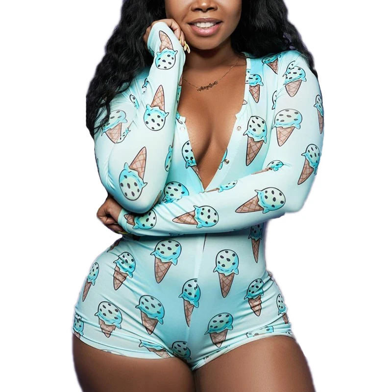 

4000 Adult Onesie Pajama for Women Long Sleeve Onesie V Neck Bodycon Bodysuit Short Romper Sleepwear Pajamas, 40 prints