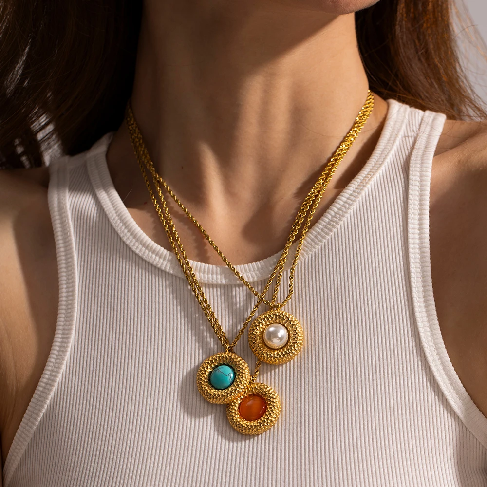 

Turquoise Winding Circle 18k Gold Plated Stainless Steel Cat Eye Stone Vortex Pendant Necklace for Women