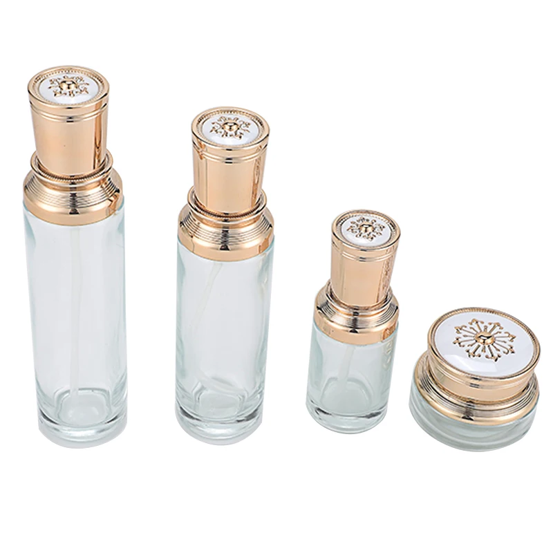 Luxury Cosmetic glass bottle set -- skincare container manufacturer--electroplating aluminum with pump&spray&engrave cap details