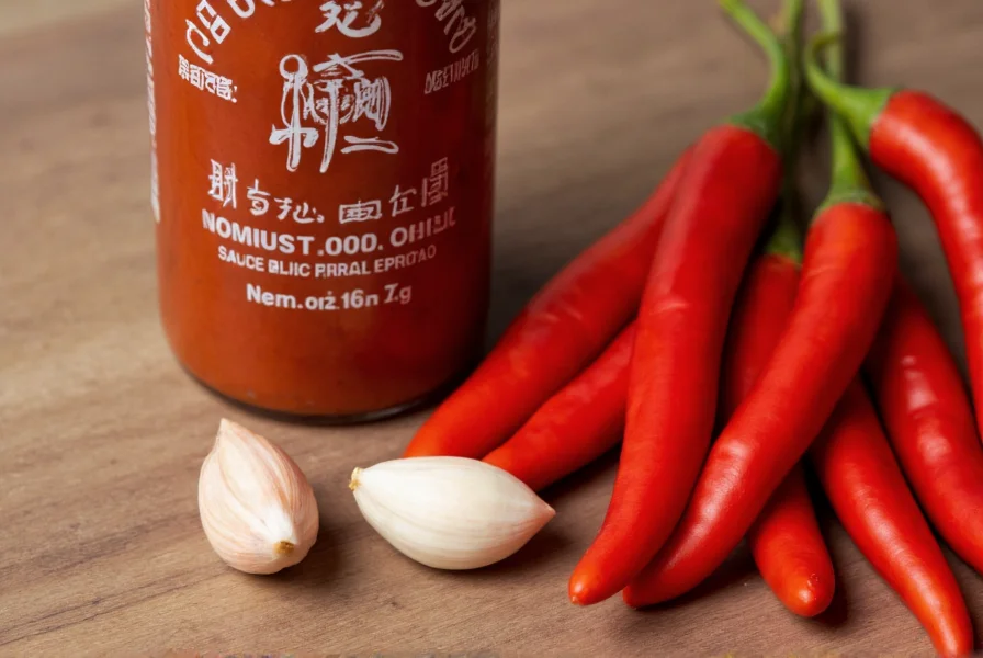 Close-up photograph of sriracha chili sauce bottle with fresh ingredients: red chilies, garlic cloves, and vinegar