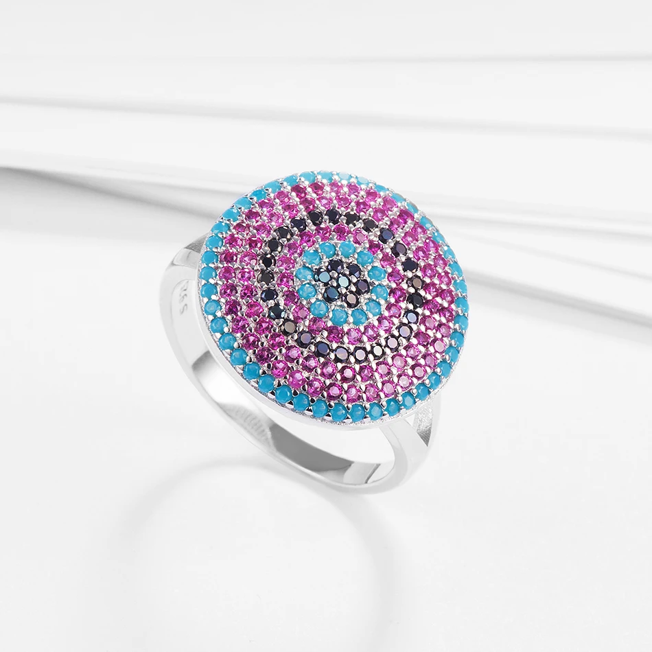 

Luxury S925 Sterling Silver AAA CZ Ring Circular Turkey Blue Eye Finger Rings for Women Wedding Party Jewelry Gift