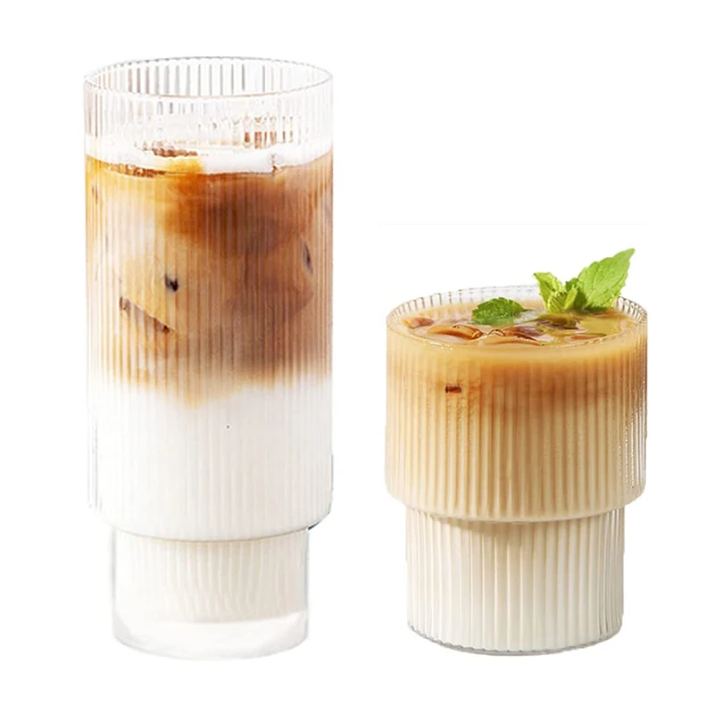 

Glass Cup Coffee Mug Origami Style Transparent Creative Vertical Stripes Ribbed Beer Cup Cocktail Glasses Drinkware, Transparent clear