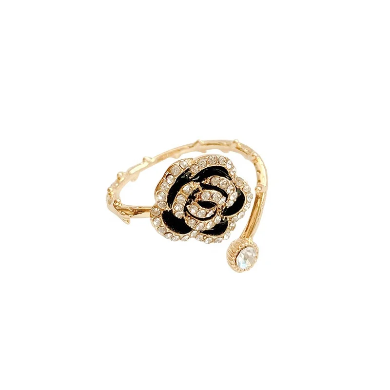 

Vintage Black Full Diamond Camellia Ring Women Rose Flower Design Plated 18K Gold Rose Ring