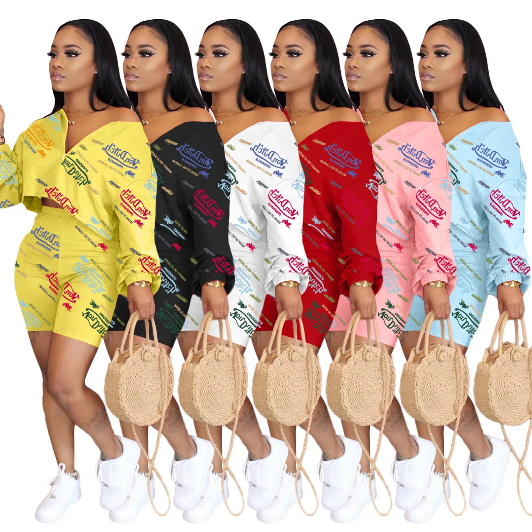 

2021 new arrivals von dutch Graffiti print off shoulder blouses with hot shorts two piece short set summer clothes for women, As picture