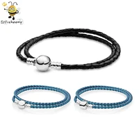 

925 Sterling Silver Jewelry Fashion Custom Colorful DIY Moments Men Black Double Woven Leather Bracelet Wrist Band