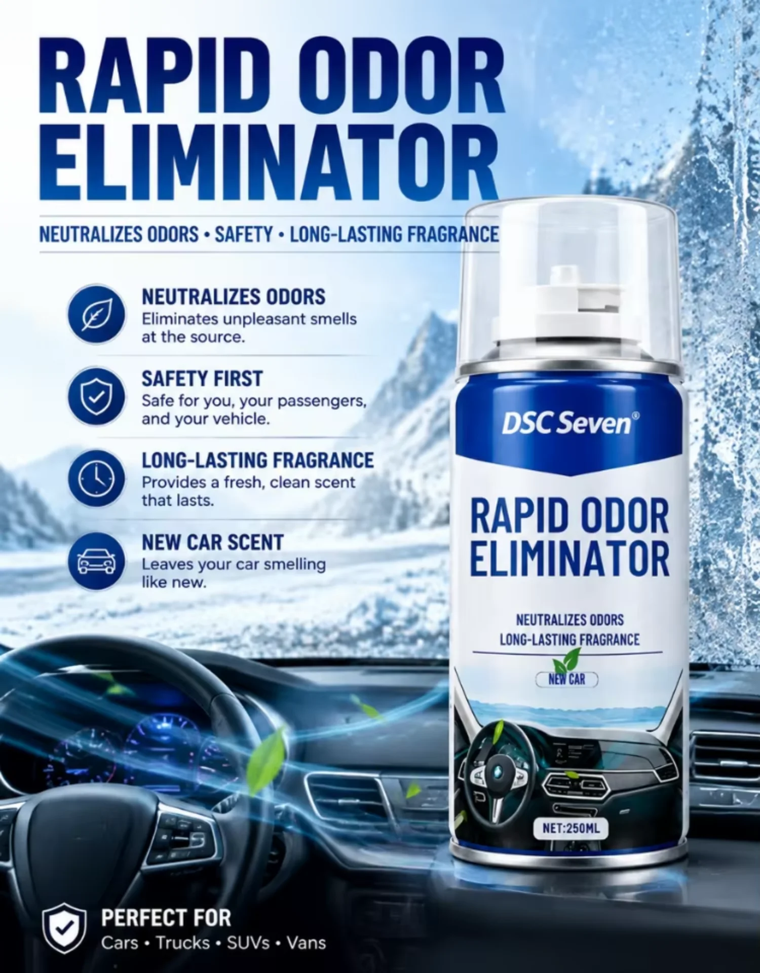 Car Odour Bomb Rapid Odor Eliminator Spray Neutralizes Bad Smells Long Lasting Fragrance