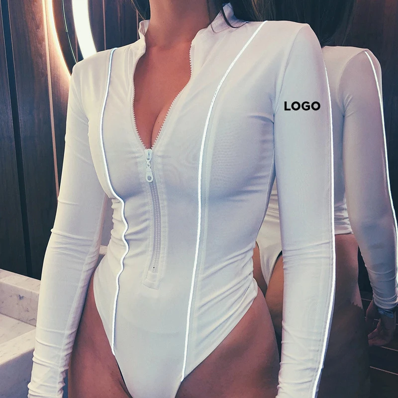 Free Shipping Autumn Winter Women Long Sleeve Solid Color Front Zipper Turtle Neck Bodysuit