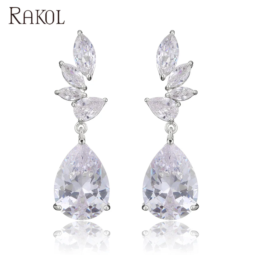 

RAKOL EP5072 Waterdrop leaf CZ earrings 2021 Luxury druzy 925 silver gold stud Hypoallergenic earrings jewelry, As picture