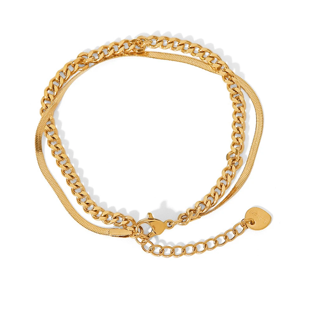 

New Arrival Double Bracelet Cuban Chain Titanium Steel Ladies Stainless Steel Flat Snake Chain Gold Plated Bracelet