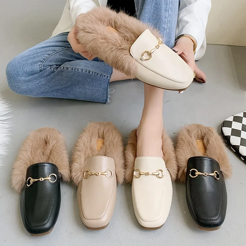 

Latest design fall faux fur sandals fashion outdoor warm fuzzy slip on slides ladies classical fluffy Mules Sandals