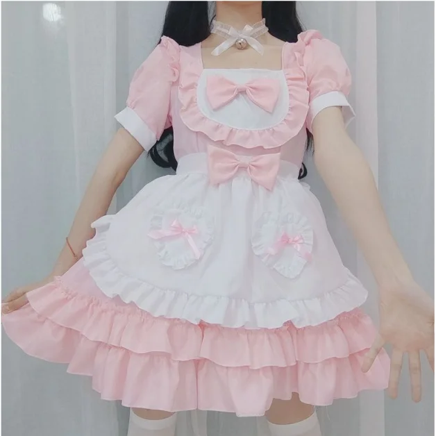 

Pink Blue Red Halloween Costumes Women Cut Maid Outfit Lolita Dresses Apron Dress Cosplay Costume S-2XL Coldker, Photo