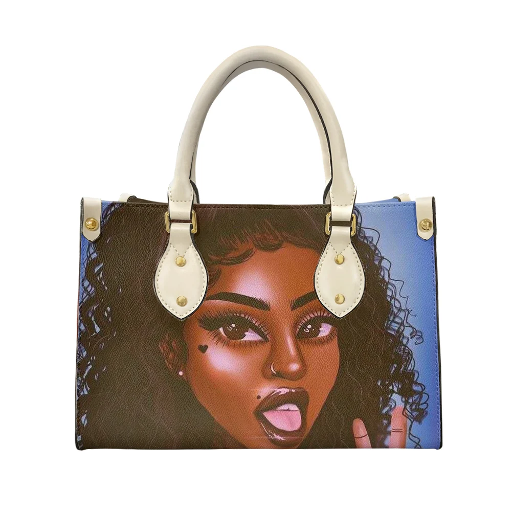 

African American Black Girl Cartoon Printed Custom Personalised Shopping Bag Gift Tote Bag for Women PU Reusable Grocery Bag, Accept custom made