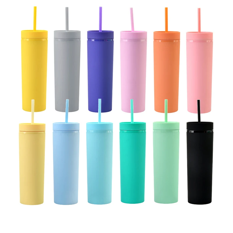 

Straight 16oz clear double wall spray painted matte skinny acrylic tumbler with lid and straw reusable plastic skinny cups, Blue, pink, green, gold, silver, black, custom