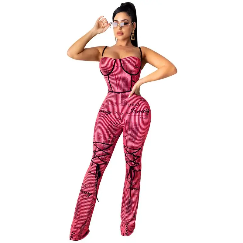 

2021 new arrival summer women spaghetti strap colorblock Printed jumpsuit women sexy playsuit