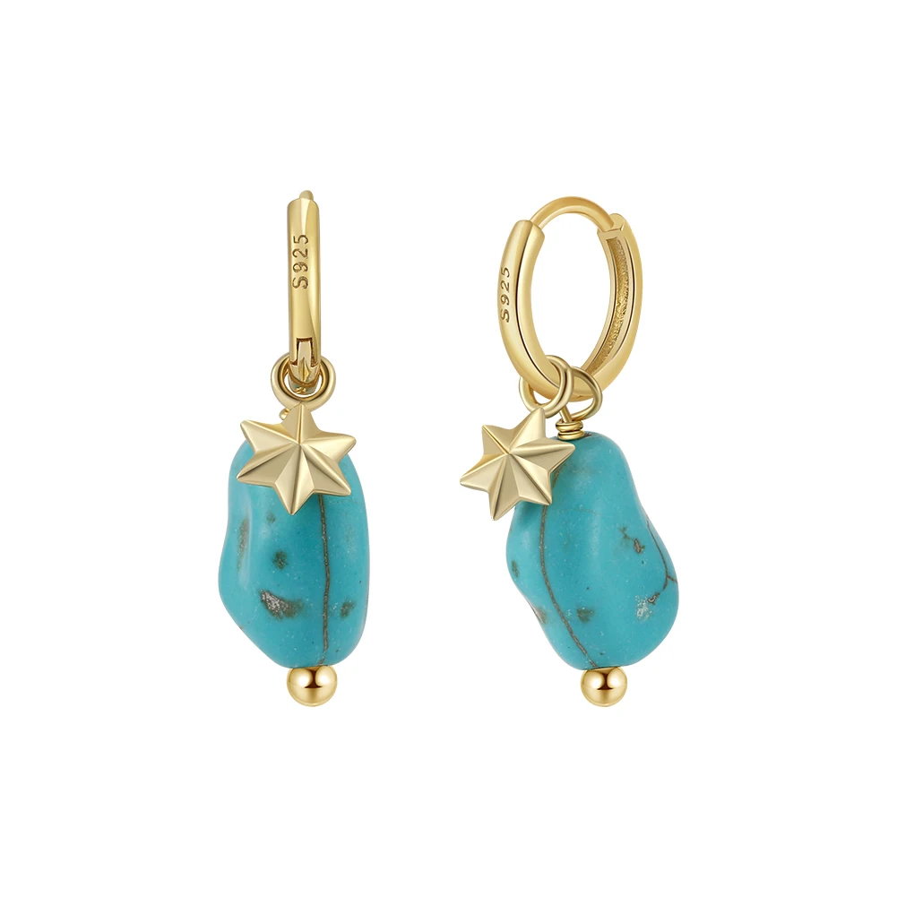 RINNTIN GME40 New Fashion 14k Gold Charm Nature Stone Turquoise Star Shape 925 Sterling Silver Hoop Earrings