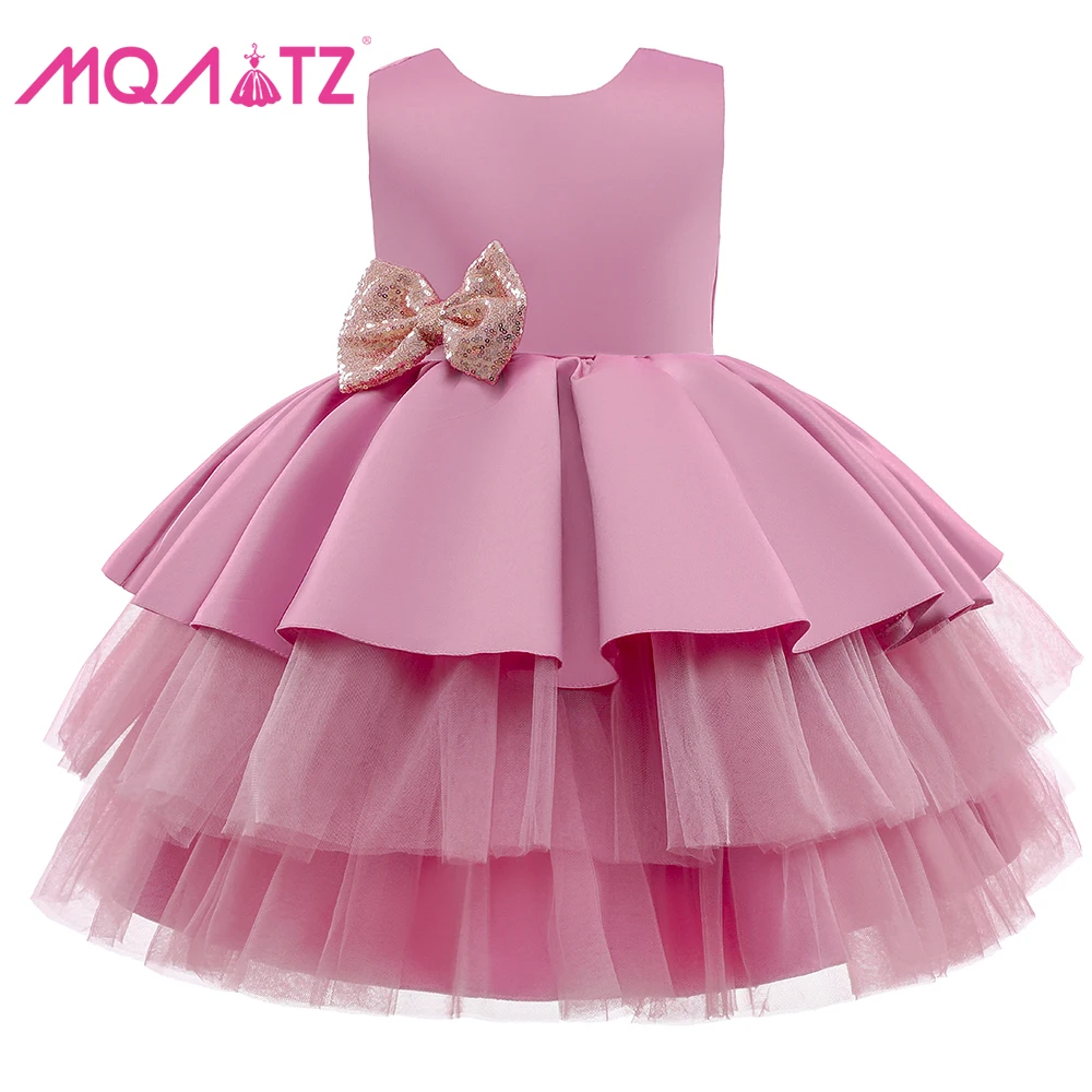 

MQATZ New Design Sleeveless Summer New Sequin Big Bow Children Kids Evening Party Dress, Pink,blue,red,green