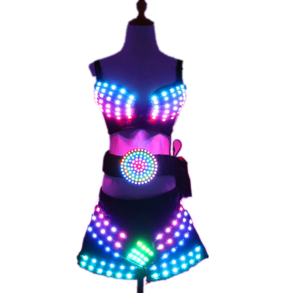 

Full Color Led Luminous Light Party Skirt Sexy Girl Led Light Up Costumes With Led Belt Ballroom Dance Outfit DJ DS Bra Suit, Red