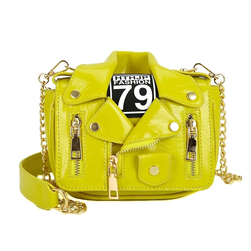

European Brand Design Chain Motorcycle Bags Women Clothing Shoulder Rivet Zipper Jacket Bag Handbags Leather Messenger Bag