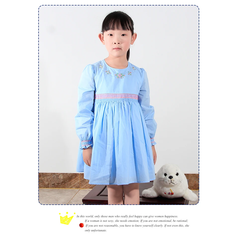

New fashion high quality cotton smocked flowergirl dresses for party, Sky blue/pink