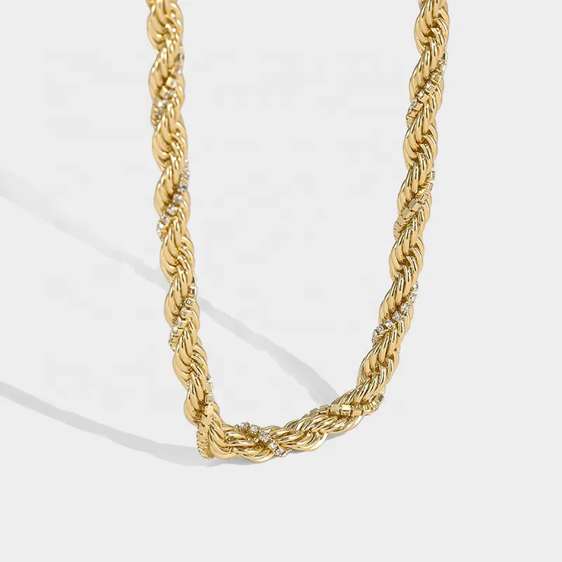 

Stacked multi-cord crossover style gold vervain twine patchwork zirconia chain necklace, Picture shows